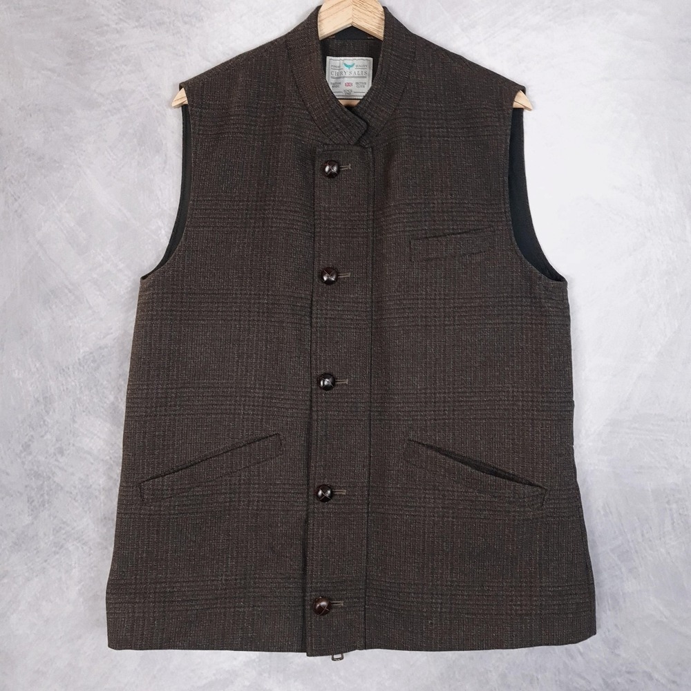 Chrysalis Vest Mens 40 Brown Wool Tweed Full Zip Button Front Made In England